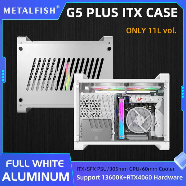 Planet Gates G5 Plus W 4.0 Cable METALFISH G5 Plus Aluminum ITX White Case Suitcase Portable PC Gaming Computer Small Chassis Support SFX PSU/306mm GPU/12cm Fan