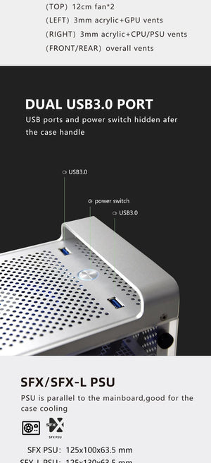 Planet Gates G5 Plus W 4.0 Cable METALFISH G5 Plus Aluminum ITX White Case Suitcase Portable PC Gaming Computer Small Chassis Support SFX PSU/306mm GPU/12cm Fan