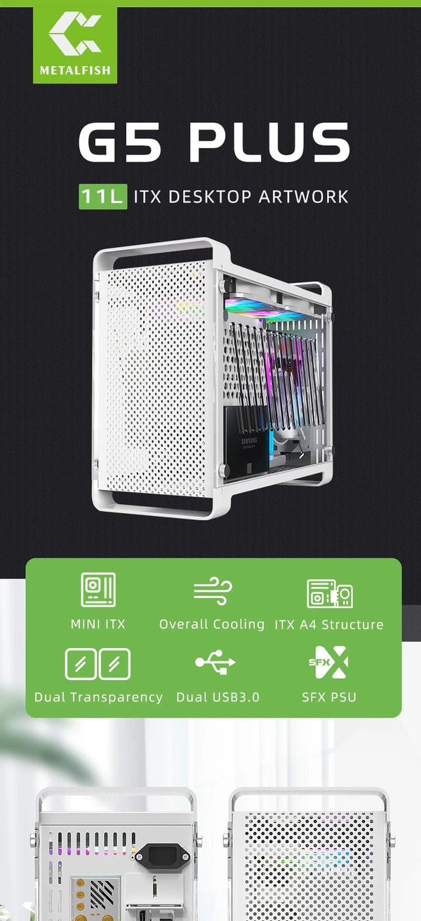 Planet Gates G5 Plus W 4.0 Cable METALFISH G5 Plus Aluminum ITX White Case Suitcase Portable PC Gaming Computer Small Chassis Support SFX PSU/306mm GPU/12cm Fan