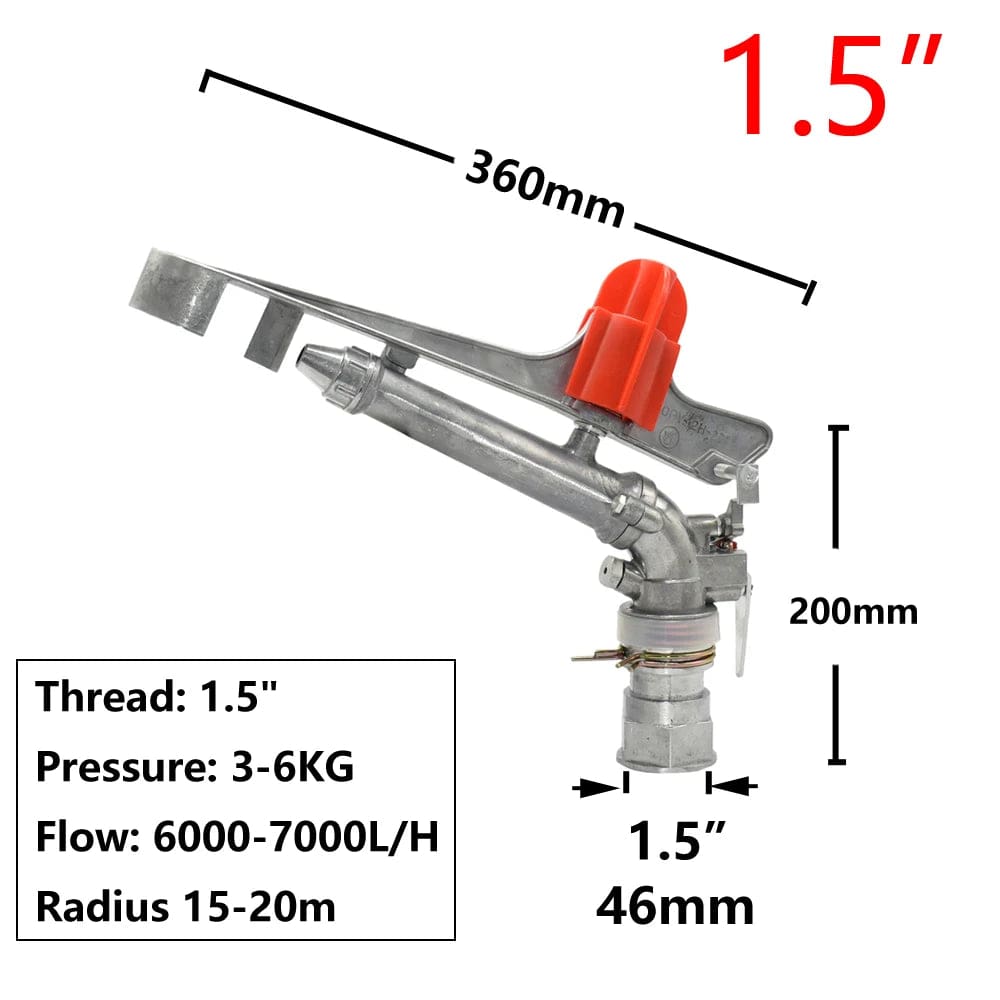 Planet Gates Garden Irrigation 1.5" 2" Female Thread 360° Impact Sprinkler Adjustable Rocker Rotating Watering Gun Lawn Farm Watering Tool