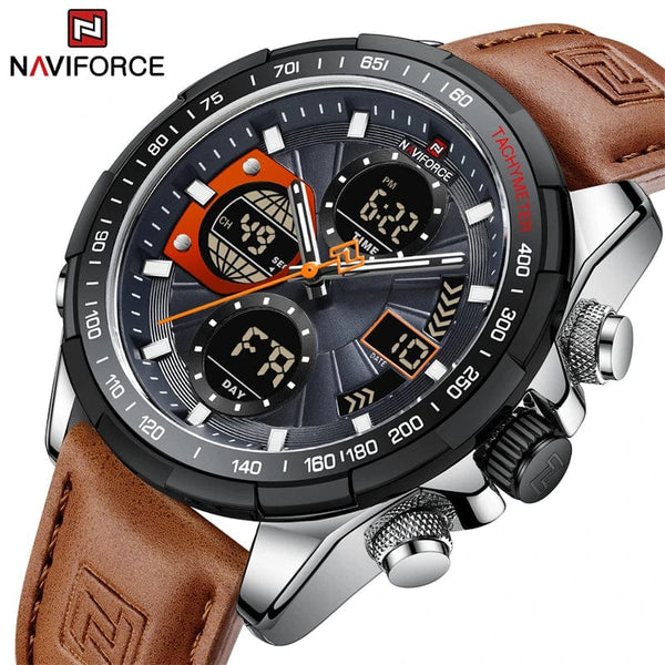 Planet Gates GBB 2022 NAVIFORCE Sport Watches for Men Strong Luminous Dual Display Waterproof Quartz Genuine Leather Wristwatch Relogio Masculino