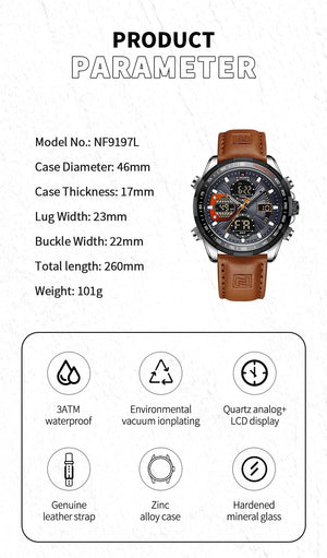 Planet Gates GBB 2022 NAVIFORCE Sport Watches for Men Strong Luminous Dual Display Waterproof Quartz Genuine Leather Wristwatch Relogio Masculino