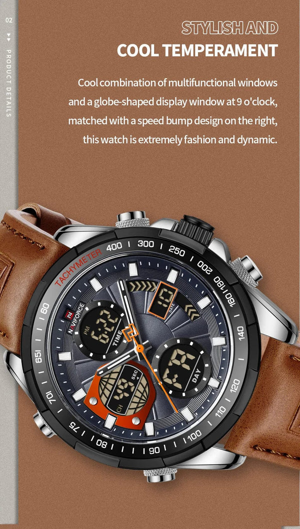 Planet Gates GBB 2022 NAVIFORCE Sport Watches for Men Strong Luminous Dual Display Waterproof Quartz Genuine Leather Wristwatch Relogio Masculino