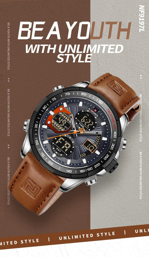 Planet Gates GBB 2022 NAVIFORCE Sport Watches for Men Strong Luminous Dual Display Waterproof Quartz Genuine Leather Wristwatch Relogio Masculino