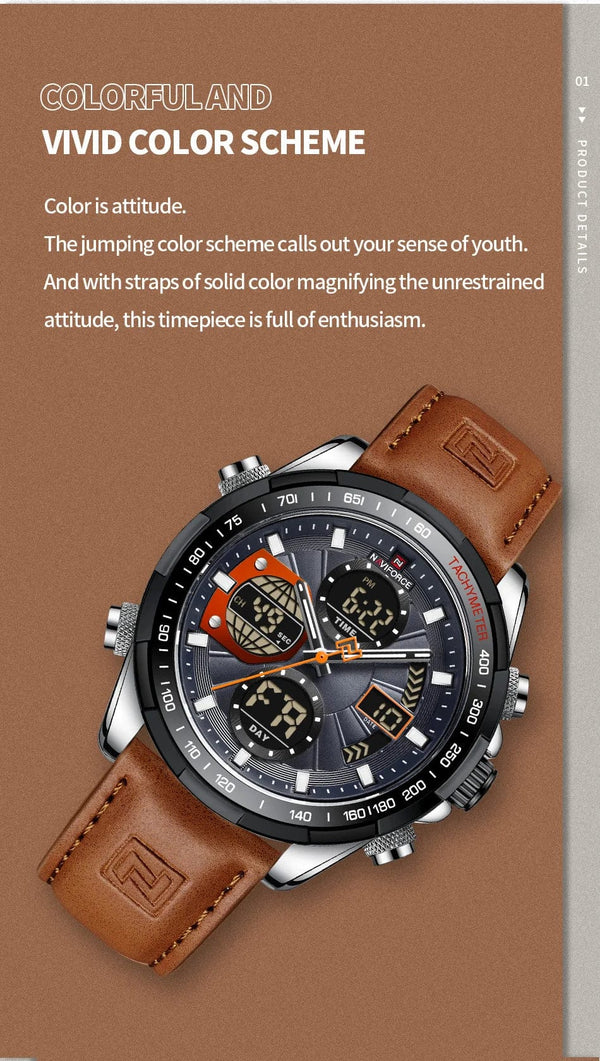 Planet Gates GBB 2022 NAVIFORCE Sport Watches for Men Strong Luminous Dual Display Waterproof Quartz Genuine Leather Wristwatch Relogio Masculino