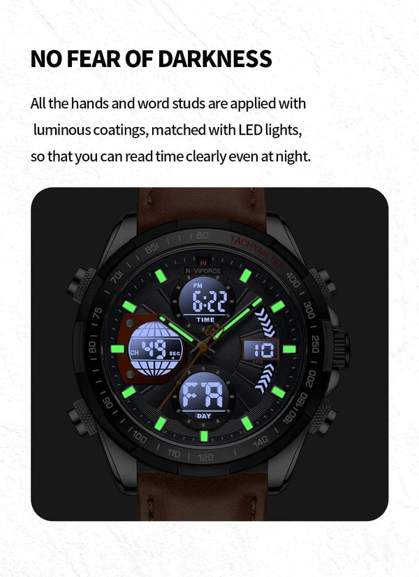 Planet Gates GBB 2022 NAVIFORCE Sport Watches for Men Strong Luminous Dual Display Waterproof Quartz Genuine Leather Wristwatch Relogio Masculino