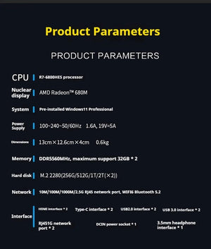 Planet Gates Genmachine AMD R7 Ryzen 7 6800H ES Mini PC Windows 11 WiFi 6 Gaming PC DDR5 4800MHz 4.4GHz CPU M.2 Display Computer Support 4K