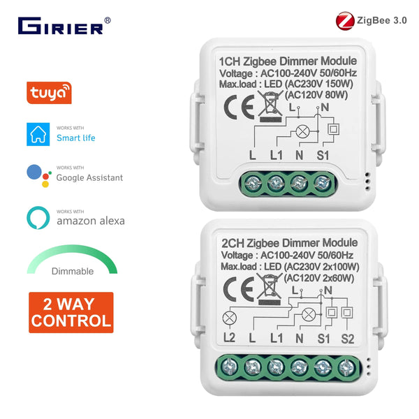 Planet Gates GIRIER Tuya ZigBee 3.0 Smart Dimmer Switch Module 10A, Supports 2 Way Control Dimmable Switch, Work with Alexa Alice Google Home