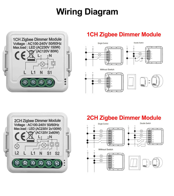 Planet Gates GIRIER Tuya ZigBee 3.0 Smart Dimmer Switch Module 10A, Supports 2 Way Control Dimmable Switch, Work with Alexa Alice Google Home