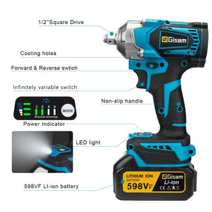 Planet Gates Gisam  1200N.M Brushless Electric Impact Wrench 1/2 inch Screwdriver Cordless Electric Wrench Power Tools for Makita 18V Battery
