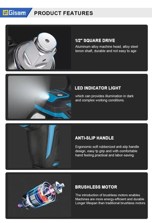 Planet Gates Gisam  1200N.M Brushless Electric Impact Wrench 1/2 inch Screwdriver Cordless Electric Wrench Power Tools for Makita 18V Battery