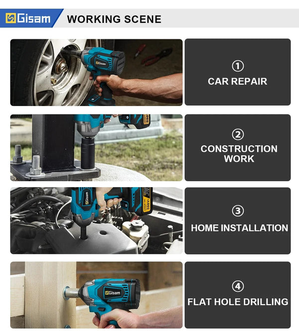 Planet Gates Gisam  1200N.M Brushless Electric Impact Wrench 1/2 inch Screwdriver Cordless Electric Wrench Power Tools for Makita 18V Battery