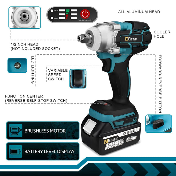 Planet Gates Gisam 520N.M Brushless Electric Impact Wrench Cordless Electric Wrench 1/2 inch for Makita 18V Battery Screwdriver Power Tools