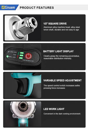 Planet Gates Gisam 520N.M Brushless Electric Impact Wrench Cordless Electric Wrench 1/2 inch for Makita 18V Battery Screwdriver Power Tools
