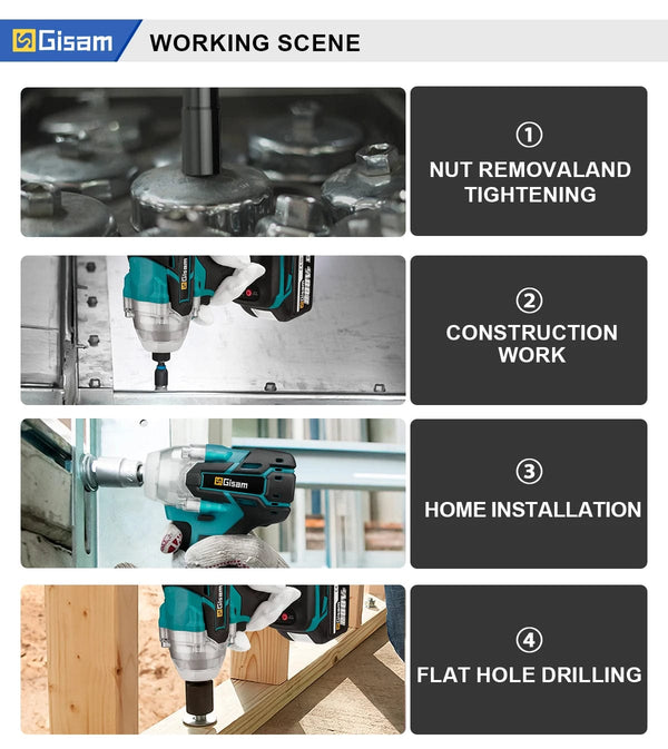 Planet Gates Gisam 520N.M Brushless Electric Impact Wrench Cordless Electric Wrench 1/2 inch for Makita 18V Battery Screwdriver Power Tools