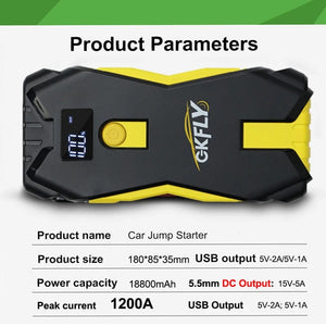 Planet Gates GKFLY Car Jump Starter Portable 12V Petrol Diesel Starting Device Cables Portable Power Bank 1200A Car Battery Charger Buster