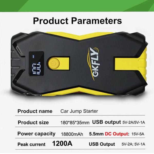 Planet Gates GKFLY Car Jump Starter Portable 12V Petrol Diesel Starting Device Cables Portable Power Bank 1200A Car Battery Charger Buster