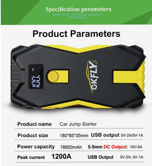 Planet Gates GKFLY Car Jump Starter Portable 12V Petrol Diesel Starting Device Cables Portable Power Bank 1200A Car Battery Charger Buster