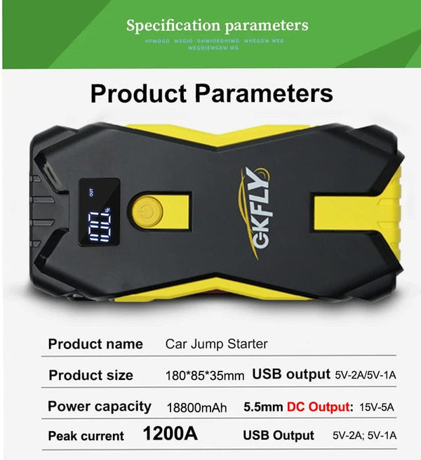 Planet Gates GKFLY Car Jump Starter Portable 12V Petrol Diesel Starting Device Cables Portable Power Bank 1200A Car Battery Charger Buster