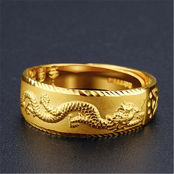 Planet Gates Gold 14 K Ring for Man Luxury Engraving Dragon Adjustable Ring Fashion Jewelry Male Two Color Yellow/White Gold Finger Ring Gift