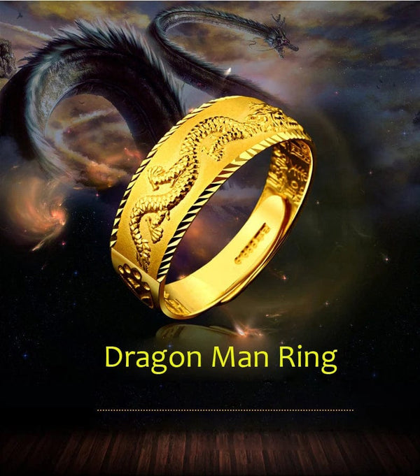 Planet Gates Gold 14 K Ring for Man Luxury Engraving Dragon Adjustable Ring Fashion Jewelry Male Two Color Yellow/White Gold Finger Ring Gift