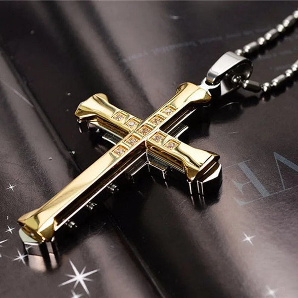 Planet Gates Gold 2024 New Male Crystal Cross Jesus Pendant Gold/Black/Blue Color Zirconia   Necklace Stainless Steel Jewelry