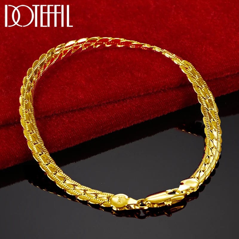 Planet Gates DOTEFFIL 925 Sterling Silver 24K Gold 6mm 18/19/20cm Flat Side Chain Bracelet For Woman Man Wedding Engagement Jewelry