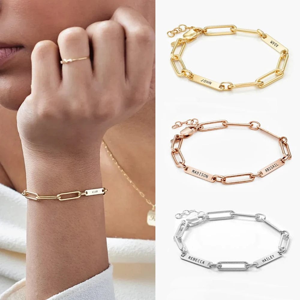 Planet Gates Gold / 22cm / 2 names Customized Engraved Name Bracelet Luxury gold Stainless Steel Jewelry For Women Personalized Paperclip Chain Adjustable Bracelet