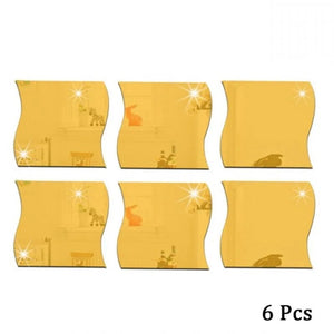 Planet Gates Gold 6PCS Mirror Wall Sticker Self Adhesive Acrylic Mirror Wall Sticker DIY Art Mirror Creative Wave Shape Bathroom Living Room Decor