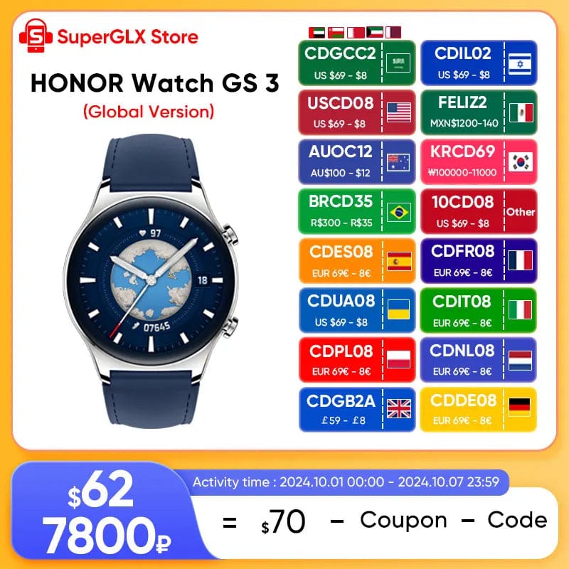 Planet Gates Gold Add Blue Strap / Global Version / Russian Federation HONOR Watch GS 3 Global Version 3D-Curved Glass SmartWatch GS3 1.43" AMOLED Screen 8 channel Accurate Health Monitoring Watch