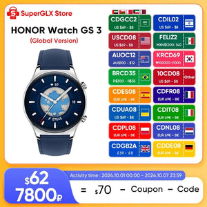 Planet Gates Gold Add Blue Strap / Global Version / Russian Federation HONOR Watch GS 3 Global Version 3D-Curved Glass SmartWatch GS3 1.43" AMOLED Screen 8 channel Accurate Health Monitoring Watch