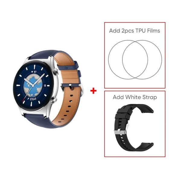 Planet Gates Gold Add Blue Strap / Global Version / Russian Federation HONOR Watch GS 3 Global Version 3D-Curved Glass SmartWatch GS3 1.43" AMOLED Screen 8 channel Accurate Health Monitoring Watch
