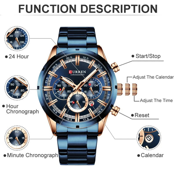Planet Gates Gold Black CURREN Men Watch Top Brand Luxury Sports Quartz Mens Watches Full Steel Waterproof Chronograph Wristwatch Men Relogio Masculino