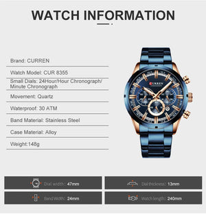 Planet Gates Gold Black CURREN Men Watch Top Brand Luxury Sports Quartz Mens Watches Full Steel Waterproof Chronograph Wristwatch Men Relogio Masculino