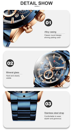 Planet Gates Gold Black CURREN Men Watch Top Brand Luxury Sports Quartz Mens Watches Full Steel Waterproof Chronograph Wristwatch Men Relogio Masculino
