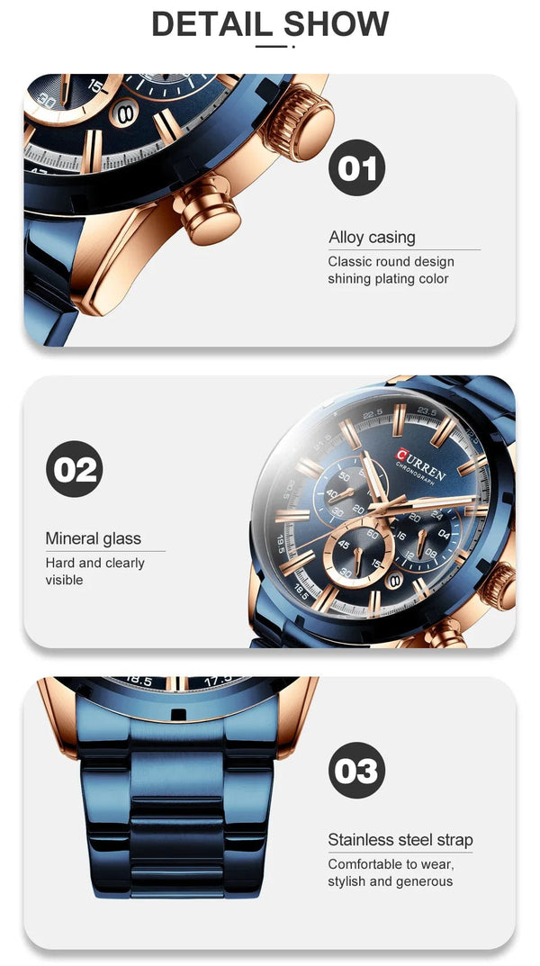 Planet Gates Gold Black CURREN Men Watch Top Brand Luxury Sports Quartz Mens Watches Full Steel Waterproof Chronograph Wristwatch Men Relogio Masculino