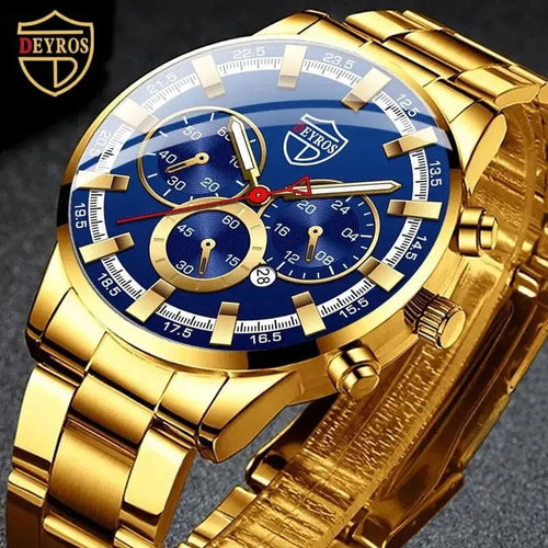 Planet Gates Gold Blue Fashion Men's Watches Business Stainless Steel Quartz Wrist Watch Calendar Date Male Casual Sports Luminous Clock