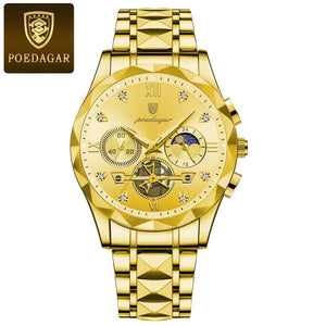 Planet Gates Gold Blue POEDAGAR Luxury Man Wristwatch Waterproof Luminous Chronograph Watch for Men Stainless Steel Men's Quartz Watches reloj hombre