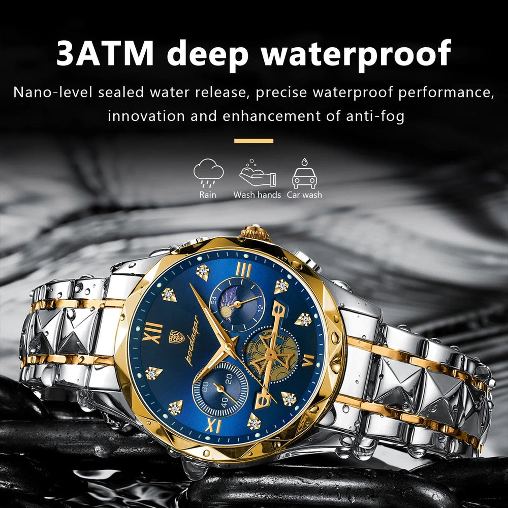 Planet Gates Gold Blue POEDAGAR Luxury Man Wristwatch Waterproof Luminous Chronograph Watch for Men Stainless Steel Men's Quartz Watches reloj hombre