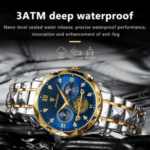 Planet Gates Gold Blue POEDAGAR Luxury Man Wristwatch Waterproof Luminous Chronograph Watch for Men Stainless Steel Men's Quartz Watches reloj hombre
