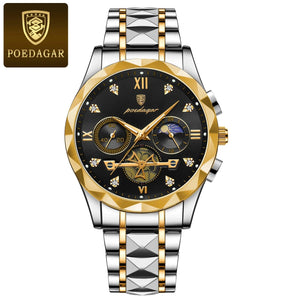 Planet Gates Gold Blue POEDAGAR Luxury Man Wristwatch Waterproof Luminous Chronograph Watch for Men Stainless Steel Men's Quartz Watches reloj hombre