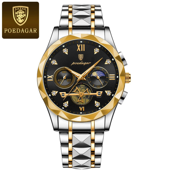 Planet Gates Gold Blue POEDAGAR Luxury Man Wristwatch Waterproof Luminous Chronograph Watch for Men Stainless Steel Men's Quartz Watches reloj hombre