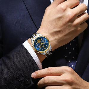 Planet Gates Gold Blue POEDAGAR Luxury Man Wristwatch Waterproof Luminous Chronograph Watch for Men Stainless Steel Men's Quartz Watches reloj hombre