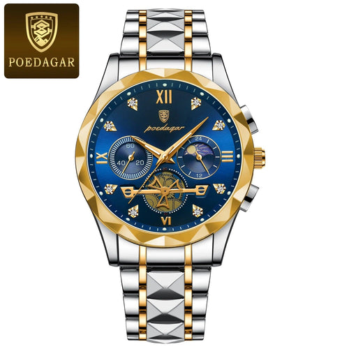 Planet Gates Gold Blue POEDAGAR Luxury Man Wristwatch Waterproof Luminous Chronograph Watch for Men Stainless Steel Men's Quartz Watches reloj hombre