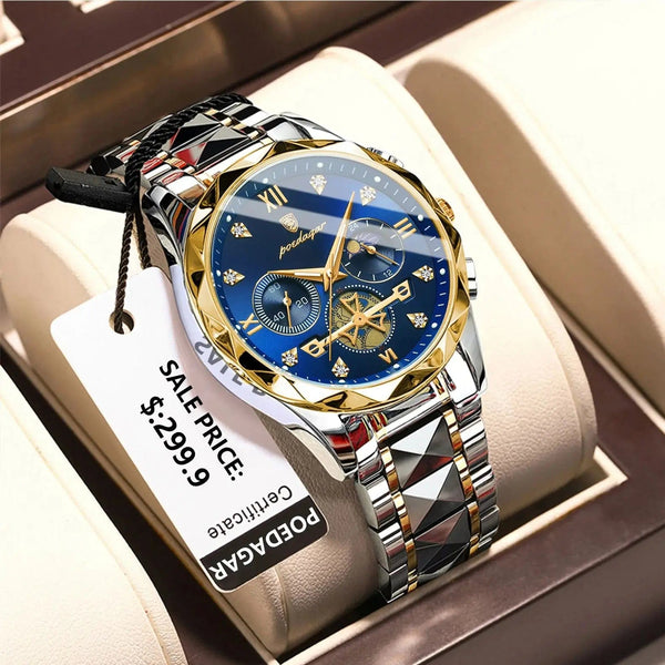 Planet Gates Gold Blue POEDAGAR Luxury Man Wristwatch Waterproof Luminous Chronograph Watch for Men Stainless Steel Men's Quartz Watches reloj hombre