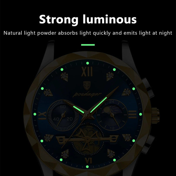 Planet Gates Gold Blue POEDAGAR Luxury Man Wristwatch Waterproof Luminous Chronograph Watch for Men Stainless Steel Men's Quartz Watches reloj hombre