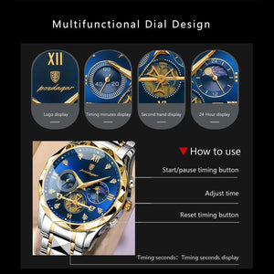 Planet Gates Gold Blue POEDAGAR Luxury Man Wristwatch Waterproof Luminous Chronograph Watch for Men Stainless Steel Men's Quartz Watches reloj hombre