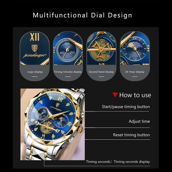 Planet Gates Gold Blue POEDAGAR Luxury Man Wristwatch Waterproof Luminous Chronograph Watch for Men Stainless Steel Men's Quartz Watches reloj hombre