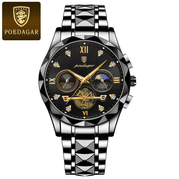 Planet Gates Gold Blue POEDAGAR Luxury Man Wristwatch Waterproof Luminous Chronograph Watch for Men Stainless Steel Men's Quartz Watches reloj hombre