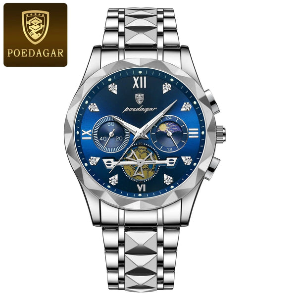 Planet Gates Gold Blue POEDAGAR Luxury Man Wristwatch Waterproof Luminous Chronograph Watch for Men Stainless Steel Men's Quartz Watches reloj hombre